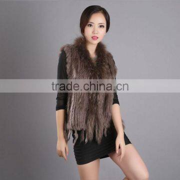 Myfur Women Real Hooded Raccoon And Knitted Rabbit Fur Vest For Lady