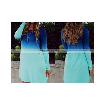 hot sale long sleeve cotton gradual changing color long T shirt blue loose dress women