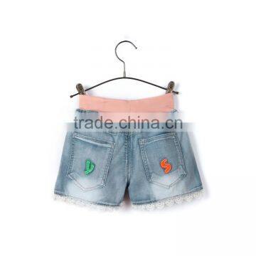 Fashionable Design Newest Style Colorful Stutched Letters Lace Hem 100 Cotton Blue Cheap Jeans for Kids photo-2