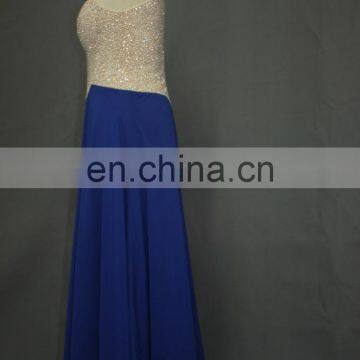 Bling Bling Beaded Halter Top Long Blue Chiffon Evening Prom Dress 2017 photo-4