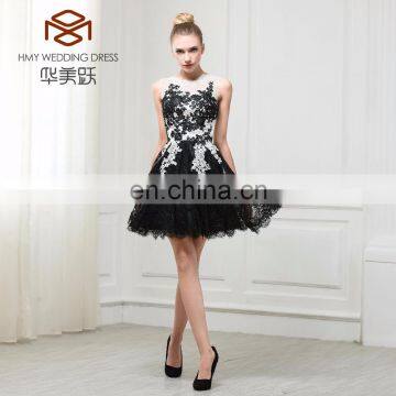 Latest Design Cocktail Dresses Customized Black Satin Sash Black Lace Cap Sleeve Appliques Mini Skirt Cocktail Dress