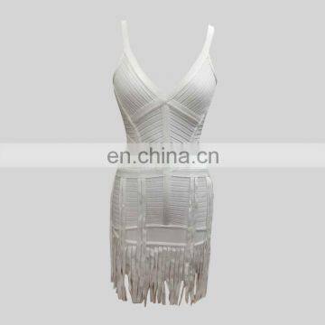 V-neckline Body-con white fringe dress glamorous evening dress