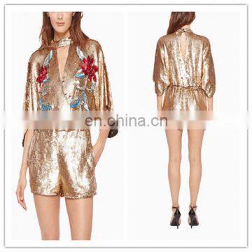 Fashion Wide Sleeve Women Sequin Jumpsuit Shorts