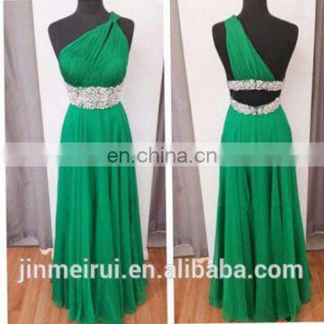 Emerald Green One Shoulder Chiffon Beaded Prom Dress 2014 K17