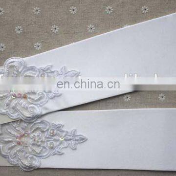 Pretty and Elegant Long Finerless Wedding Gloves White & Ivory Appliqued With Sequins& Ruffles Pearl Beaded Satin Bridal Gloves photo-2