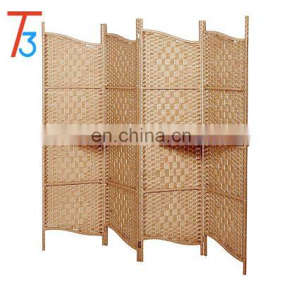 Freestanding Brown Wood Woven Rattan Room Divider 4 Panel Screen