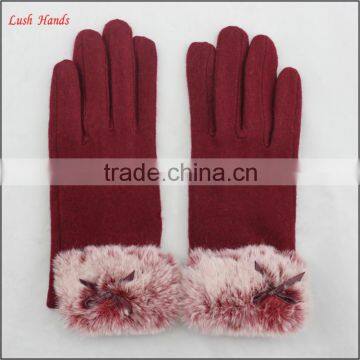 ladies winter warm red woolen hand gloves with fur