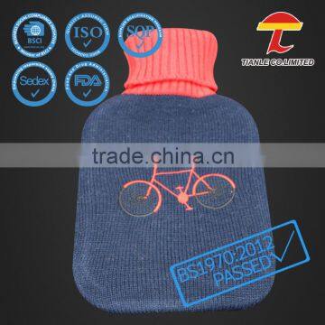 Bicycle design embroidered and knitted cover with BS rubber hot water bottle