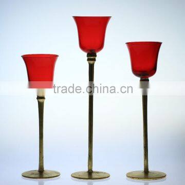 Mouthblown Red Color Long Gold Stem Set of 3 Glass Candle Holder for Wedding photo-3
