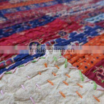 Twin Size Patchwork Kantha Quilt, Handmade Brick Pattern Cotton Bedspread, Reversible Multicolor Kantha Throw