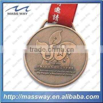 custom HK souvenir embossed antique copper medal ribbon