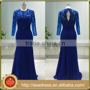 ASAP-05 O-neck Long Sleeves Sequins Crystal Beaded Trumpet Royal Blue Long Evening Dresses Custom Made