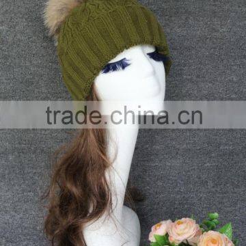 Green Color Girls Wool Knitting Hat with Real Raccoon Fur Pompoms Attached