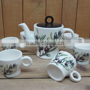 New olive ceramic tea pot with six cups set