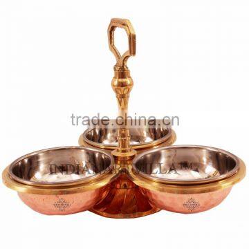 Indian Art Villa Steel Copper 3 Bowl Compartment Pickle Dish SERVING Restaurant Ware Hotel Home USe