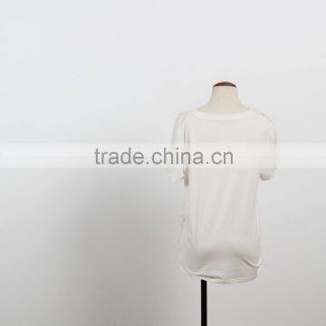 OEM Softextile White Top Shirt Girl Woman Short Sleeves Emibroidery Flower Fashion Plain Shirt photo-3