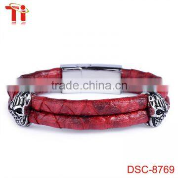 natural color men's dual python leather bracelet without plating stainless steel clasp 8inch, skull bracelet