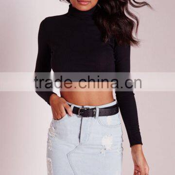 2016 custom ladies high neck long sleeve black ribbed crop top