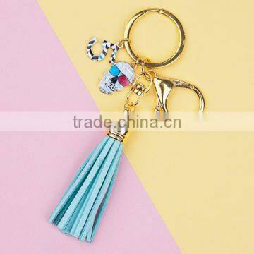 New Fashion Lobster Clasp Gold Plated Halloween Sugar Skull " 5 " Pendants With Velvet Suede Blue Tassel Key Chains Key Rings