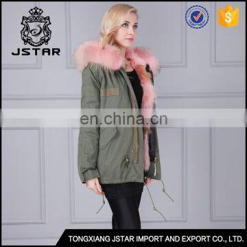 Women Hooded Pink Real Fox Fur Parka With Army Green Shell Material photo-3