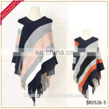 wholesale acrylic knit poncho with fringe fashion cloak pullover wool handmade sweater design for girl