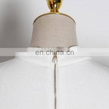 TWOTWINSTYLE O Neck Puff Sleeve Zipper Ruched White Women's Sweatshirts photo-6