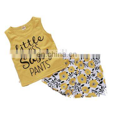 2019 new summer "little miss sassy pants" letter print kids cotton yellow top & flower PANTS 2pc set 1-5years