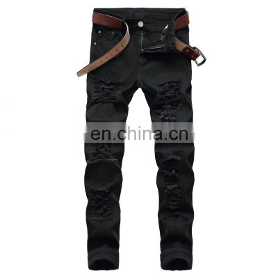 2019 Men's elastic wish hot selling black mostly tattered men's Damaged jeans casual slim jeans with holes