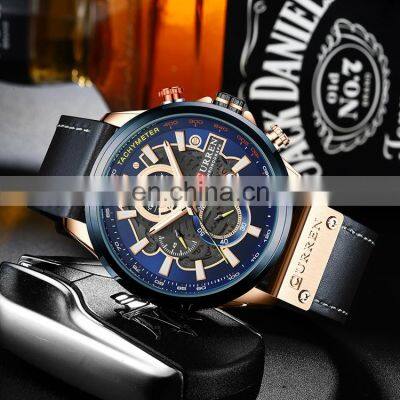 CURREN 8380 Top Quality Latest Three Eyes Day Date Leather Strap Luminous Analog Quartz Watch for Men