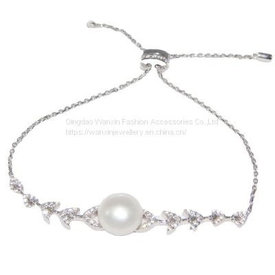 S925 sterling silver diamond freshwater pearl wheat bracelet