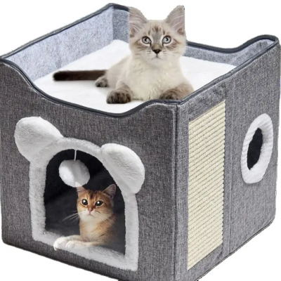 Meow Love Suitable for Indoor Cat Beds - Large Cat Ear Box With Pom-Pom Hanging Device and Scratching Mat Foldable Hideout