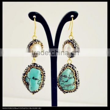 LFD-049E Wholesale Gold Plated Pave Rhinestone Crystal Pearl with Turquoise Dangle Earrings Jewelry Making