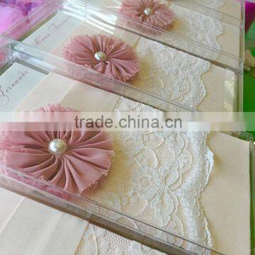 Beautiful & charming ivory lace wedding invitations with ribbons & pink cloth flower & pearl decoration                        
                                                Quality Choice