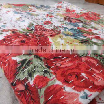 Handmade floral Printed Bedspread, Queen Size Kantha Quilt, Reversible Floral Kantha Throw