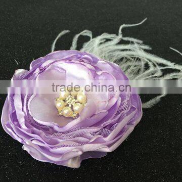 Purple Burned Satin Wedding Flower With Feather Embelliment,Fabric Flower With Rhinestone Center                        
                                                Quality Choice