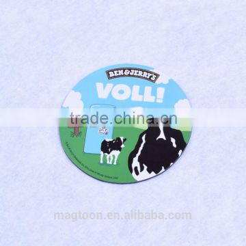 cheap dairy cow design promotional round shape double side paper fridge magnets for advertising