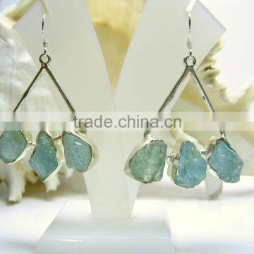 Aquamarine Multi Stone Rough Gemstone Earrings, 925 Solid Sterling Silver Earrings, Dangle Designer Earrings