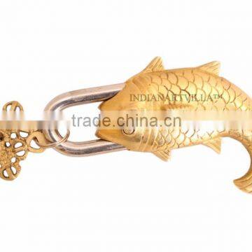 IndainArtVilla Handmade Old Vintage Style Antique Big Fish Design Security Lock with 2 Keys for Home Temple Office Home Decore G