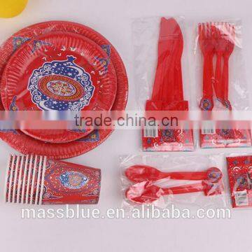 Five piece set of paper plate and paper cup plastic knife fork and spoon for red color