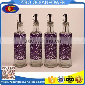 glass oil vinegar bottle set with purple metal coating