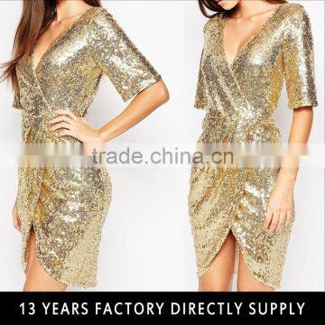 New fashion lady plunge neck gold sequin midi bodycon evening dress