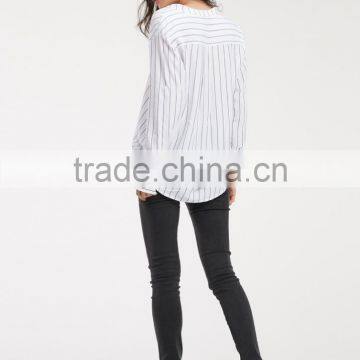 Custom Ladies Casual Cotton Shirts Blue White Stripe Women Shirts photo-6