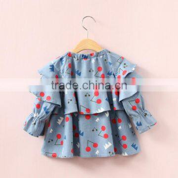 2017 Girls Denim Ruffle Raglan Tops With Cherry Printed Children Clothing Manufacturers China photo-2