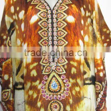 DIGITAL Print Viscose Crepe Silk Crystal Embellished Kaftan CAFTAN Tunic Poncho Blouse photo-3