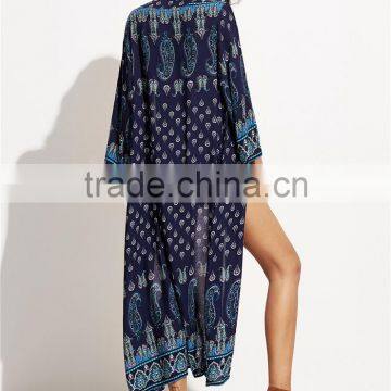 Custom Print Own Design Wholsale Bulk Women Fashion Beachwear Longline Navy Paisley Print Chiffon Kimono photo-2