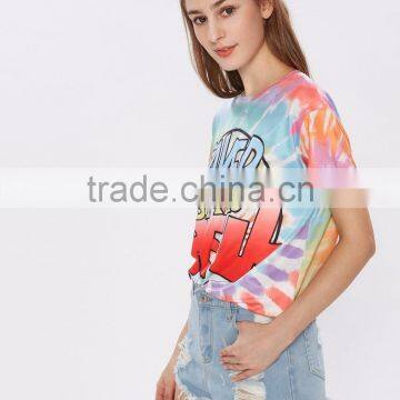 2017 Wholesale T-Shirt Tie Dye Drop Shoulder Rayon Stretchy Soft Tees Short Sleeve Printing Round Neck photo-3