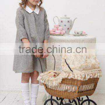 Wholesale Children's Boutique Clothing Spring Summer Girl Dress of 9 Years Old Half Sleeve Peter Pan Collar Vintage Linen Dress photo-3