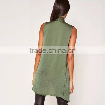Light Weight Crepe Sleeveless Cardigan Women's Khaki Green Waistcoat photo-3