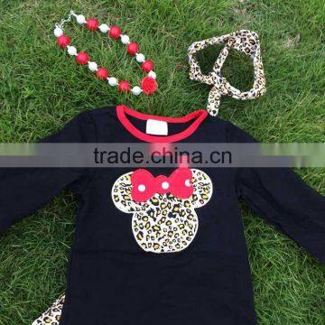 New Arrival FALL OUTFITS Kids Leopard Grain Minnie Top Sets Girls Ruffle Pant Sets Girls Boutique With Necklace and Headband photo-3