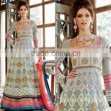 Alice Blue Shaded Color on White Embroidery Kundan Heavy Design All Over Long Anarkali Designer Semi Stitch Salwar Kameez